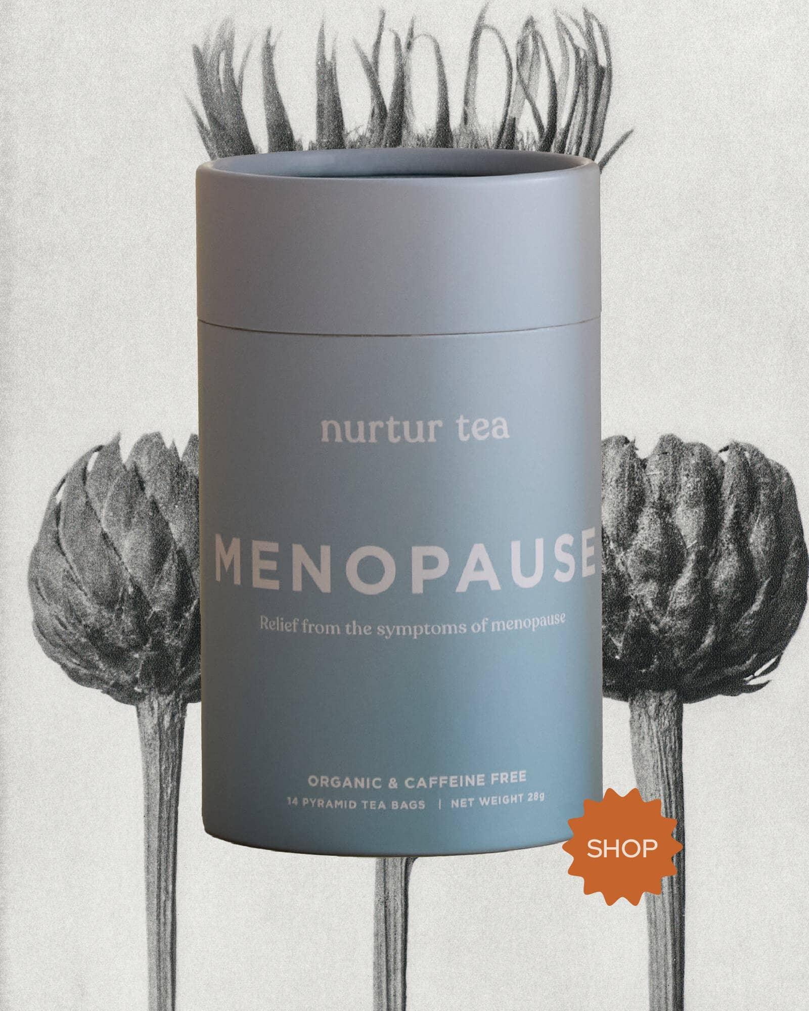 Nurtur Tea Menopause organic caffeine-free tea for symptom relief with artichoke background, Come see us at Awaken, Franklin, Tennessee