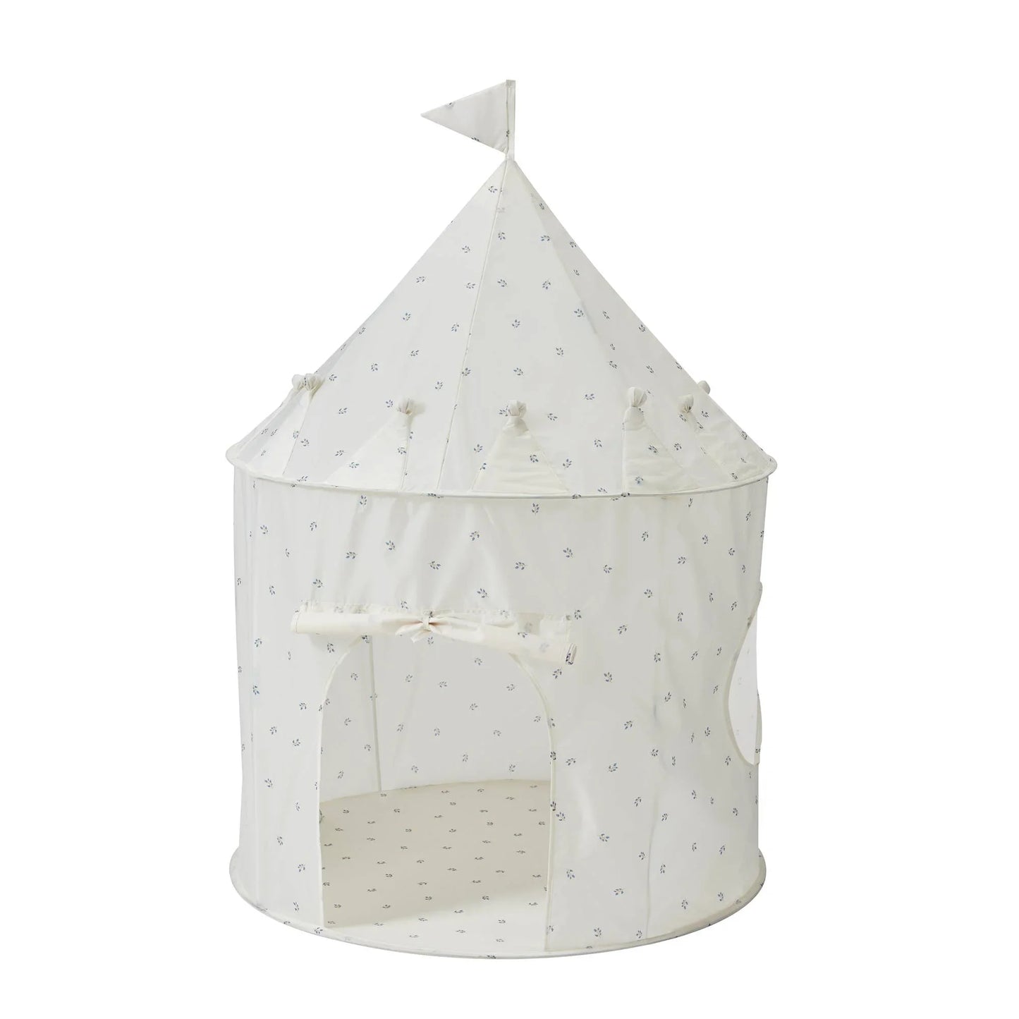 White fabric play tent with small floral pattern and flag on top for kids, Come see us at Awaken, Franklin, Tennessee