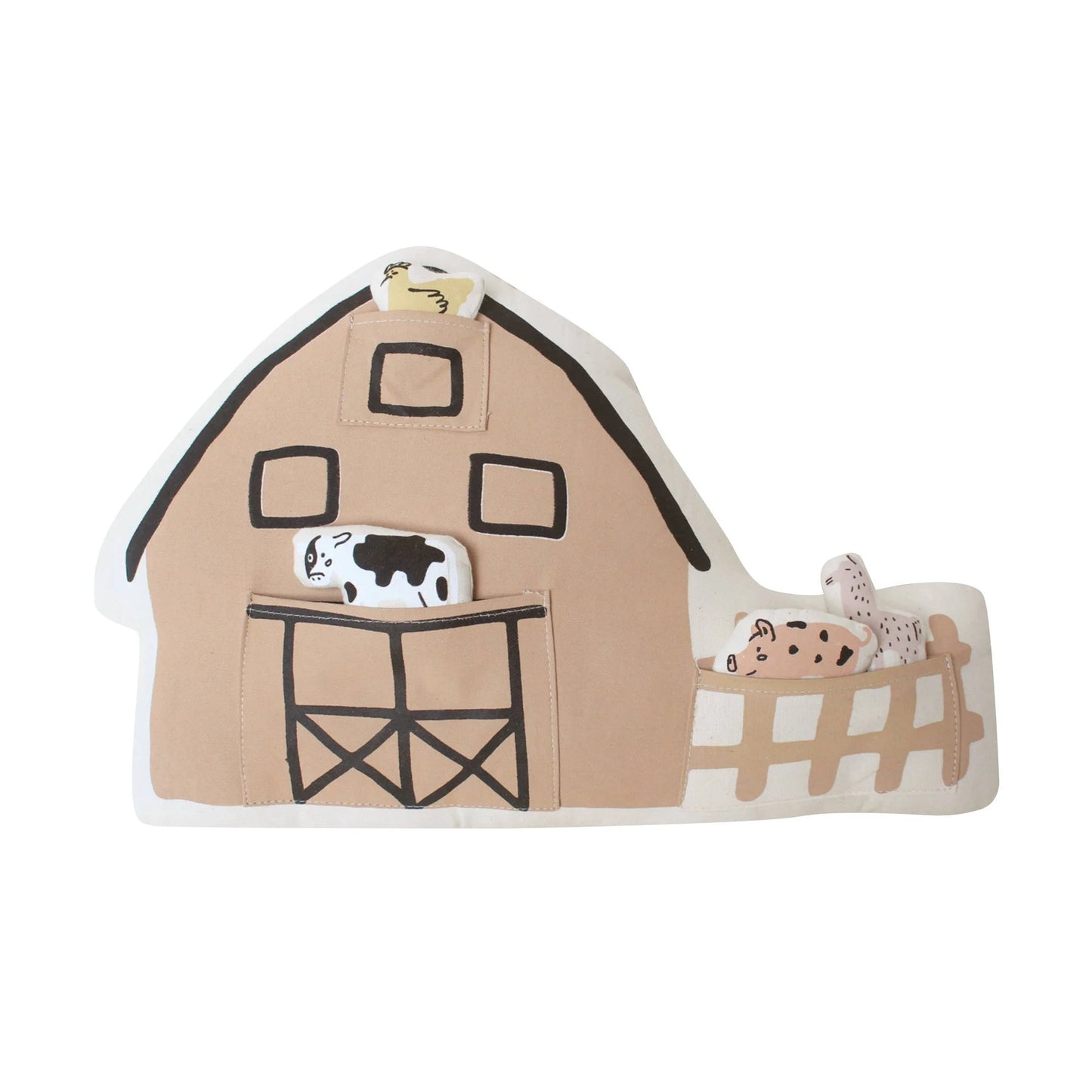 Fabric barn toy with cow, sheep, and chick plushies. Come see us at Awaken, Franklin, Tennessee.
