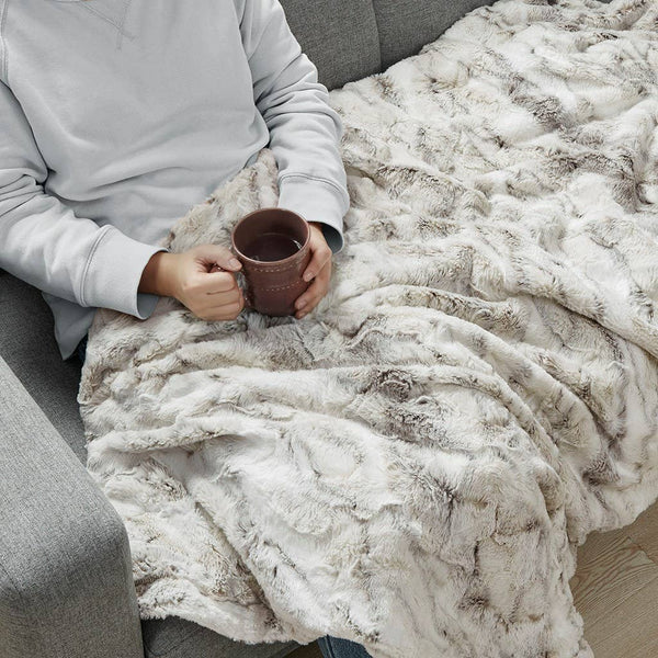 Olliix - Faux Fur Oversized 60x70" Marble Throw Blanket, Natural