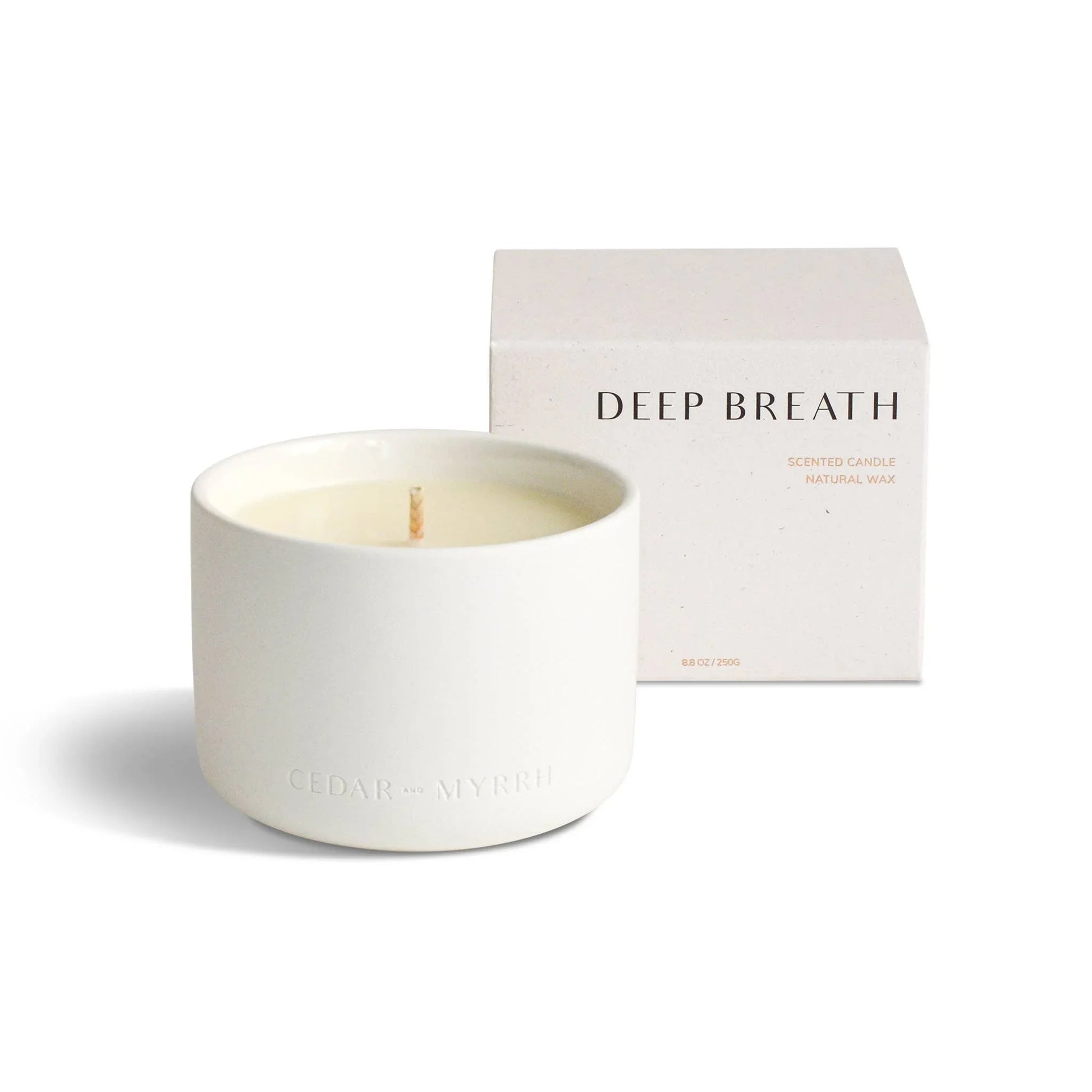 White Cedar and Myrrh Deep Breath scented candle with box, Come see us at Awaken, Franklin, Tennessee