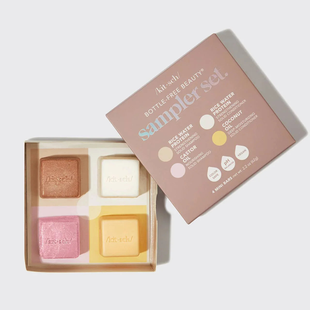 Kit.sch bottle-free beauty solid shampoo and conditioner sampler set with four mini bars in pastel colors, Come see us at Awaken, Franklin, Tennessee