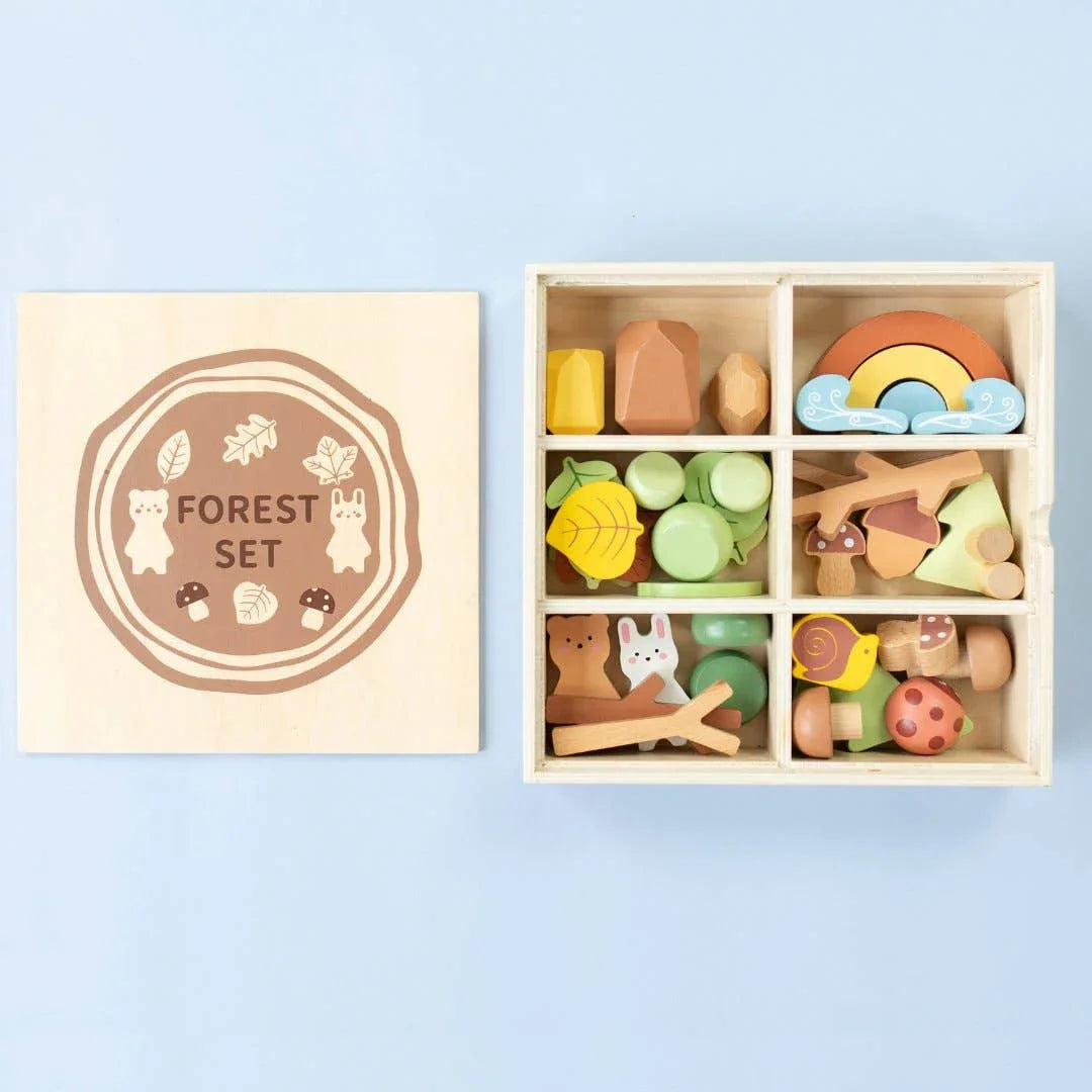 Wooden forest set toy with animals, leaves, and rainbow pieces in divided box. Come see us at Awaken, Franklin, Tennessee