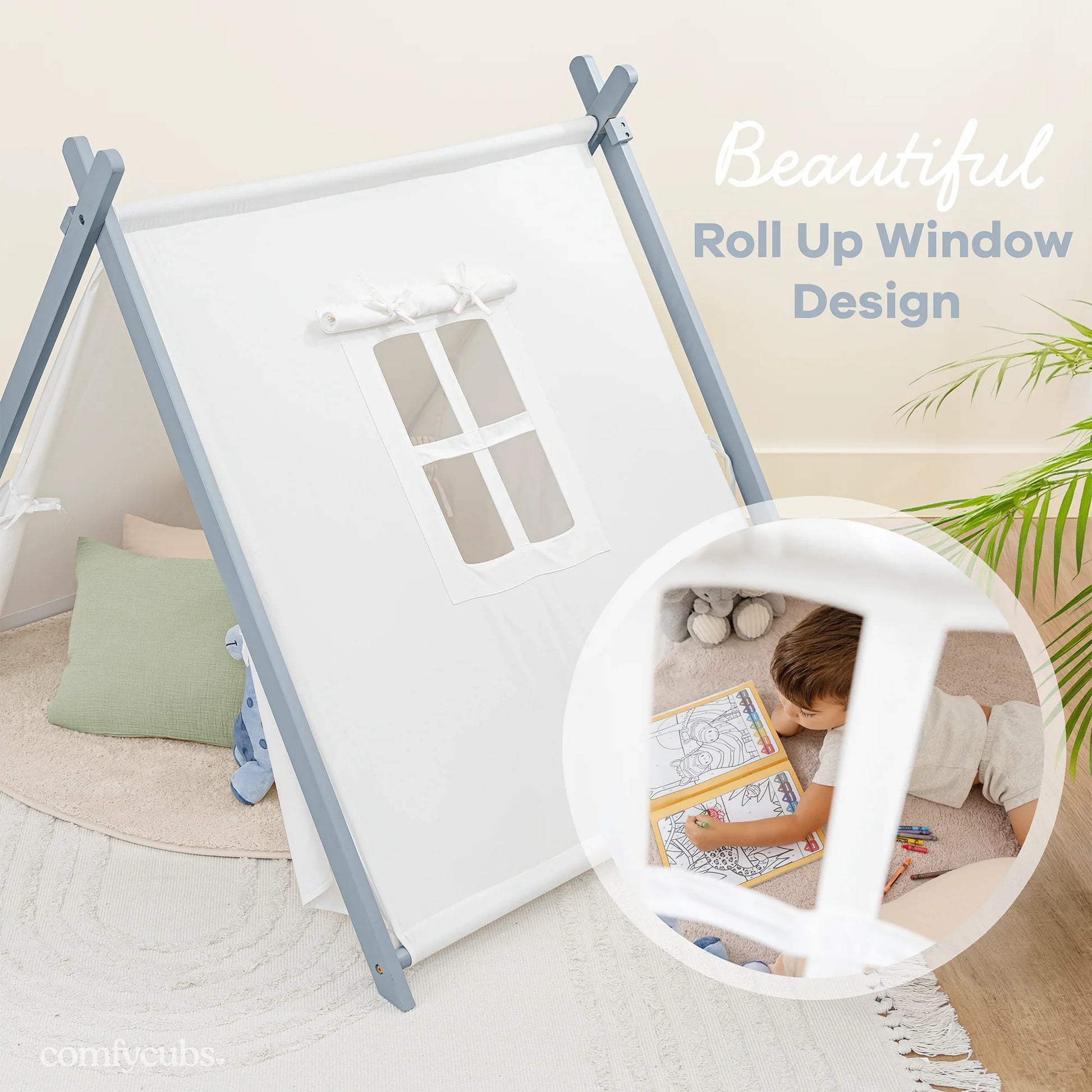 Children's indoor play tent with roll up window, pillows, and kid coloring inside; Come see us at Awaken, Franklin, Tennessee