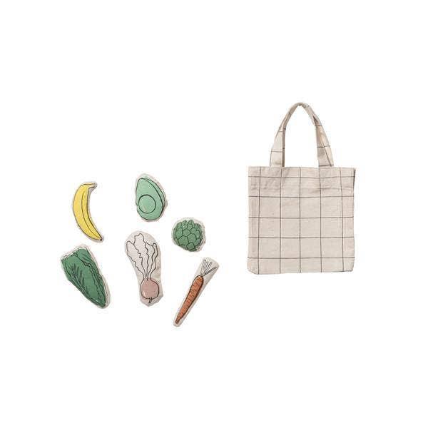 Cloth tote bag with grid pattern and six plush fruits and vegetables, Come see us at Awaken, Franklin, Tennessee