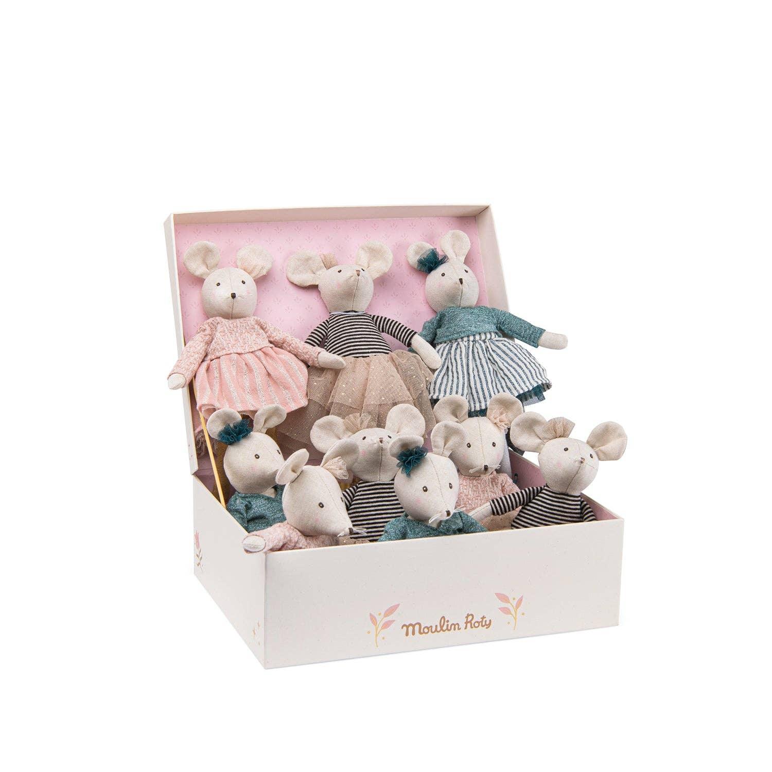 Set of soft fabric mouse dolls in pastel dresses in a Moulin Roty box, Come see us at Awaken, Franklin, Tennessee