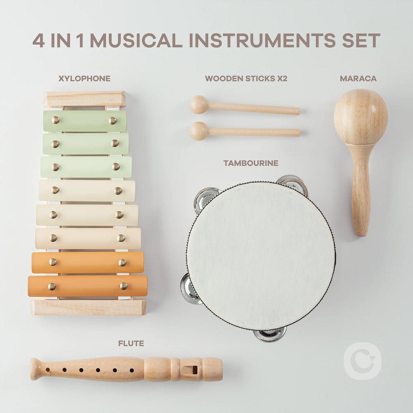 4 in 1 musical instruments set with xylophone, tambourine, flute, maraca; Come see us at Awaken, Franklin, Tennessee.