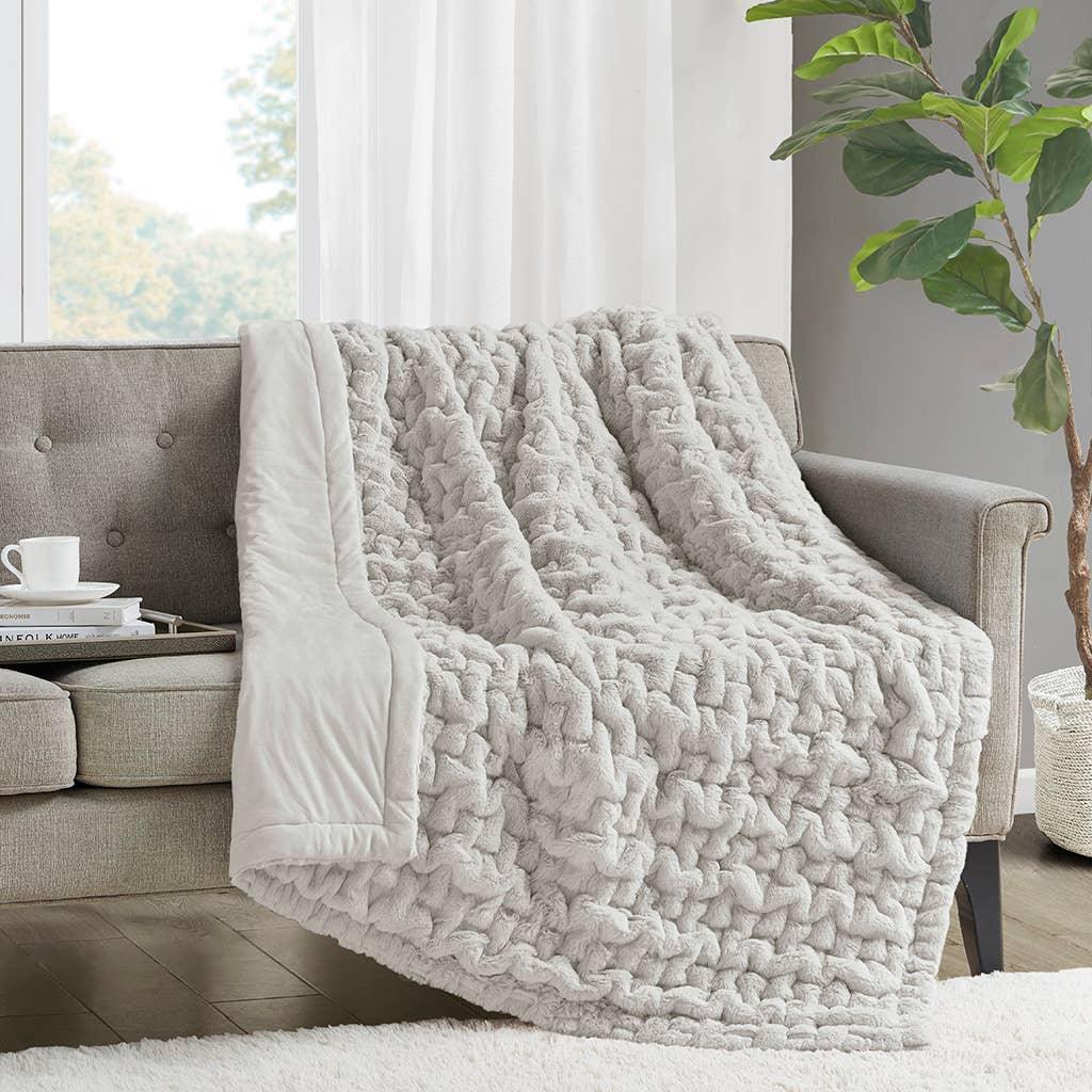 Olliix - Soft Warm Ruched Faux Fur Throw Blanket 50x60", Silver Grey