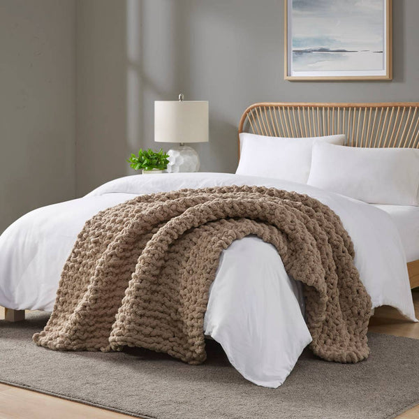 Olliix - Handmade Chenille Chunky Knit Throw 50x60", Brown