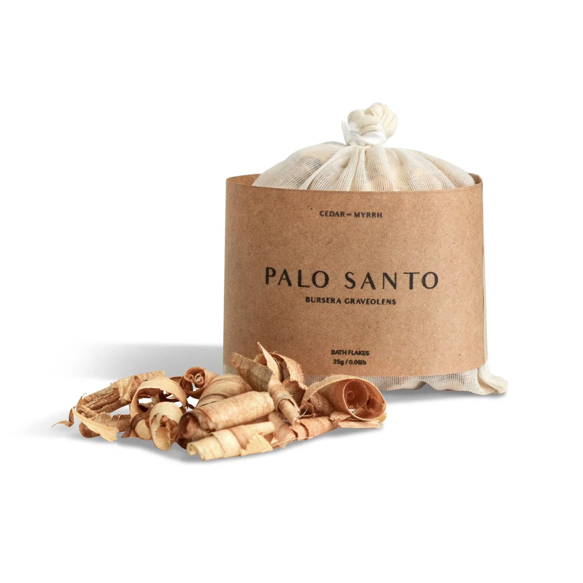 Palo Santo bath flakes in fabric pouch with brown label, cedar-myrrh scent, Come see us at Awaken, Franklin, Tennessee