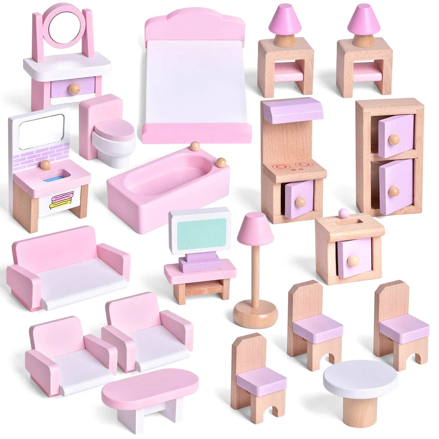 Pink and white wooden dollhouse furniture set, Come see us at Awaken, Franklin, Tennessee