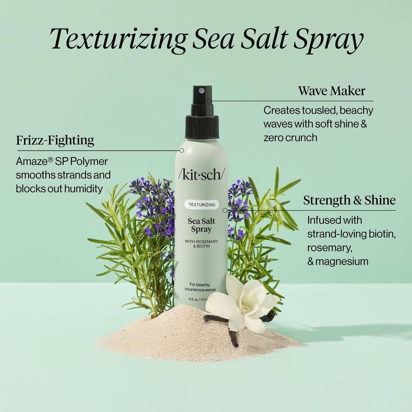 Kitsch Texturizing Sea Salt Spray with rosemary, biotin, and vanilla flower on sand. Come see us at Awaken, Franklin, Tennessee