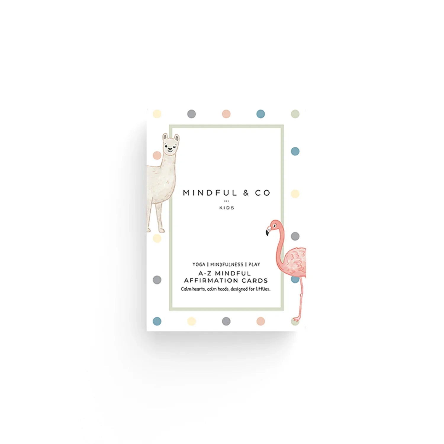 Mindful & Co Kids A-Z mindful affirmation cards with llama and flamingo illustration, pastel polka dots. Come see us at Awaken, Franklin, Tennessee