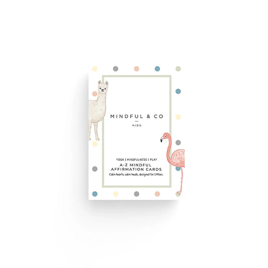 Mindful & Co Kids A-Z mindful affirmation cards with llama and flamingo illustration, pastel polka dots. Come see us at Awaken, Franklin, Tennessee