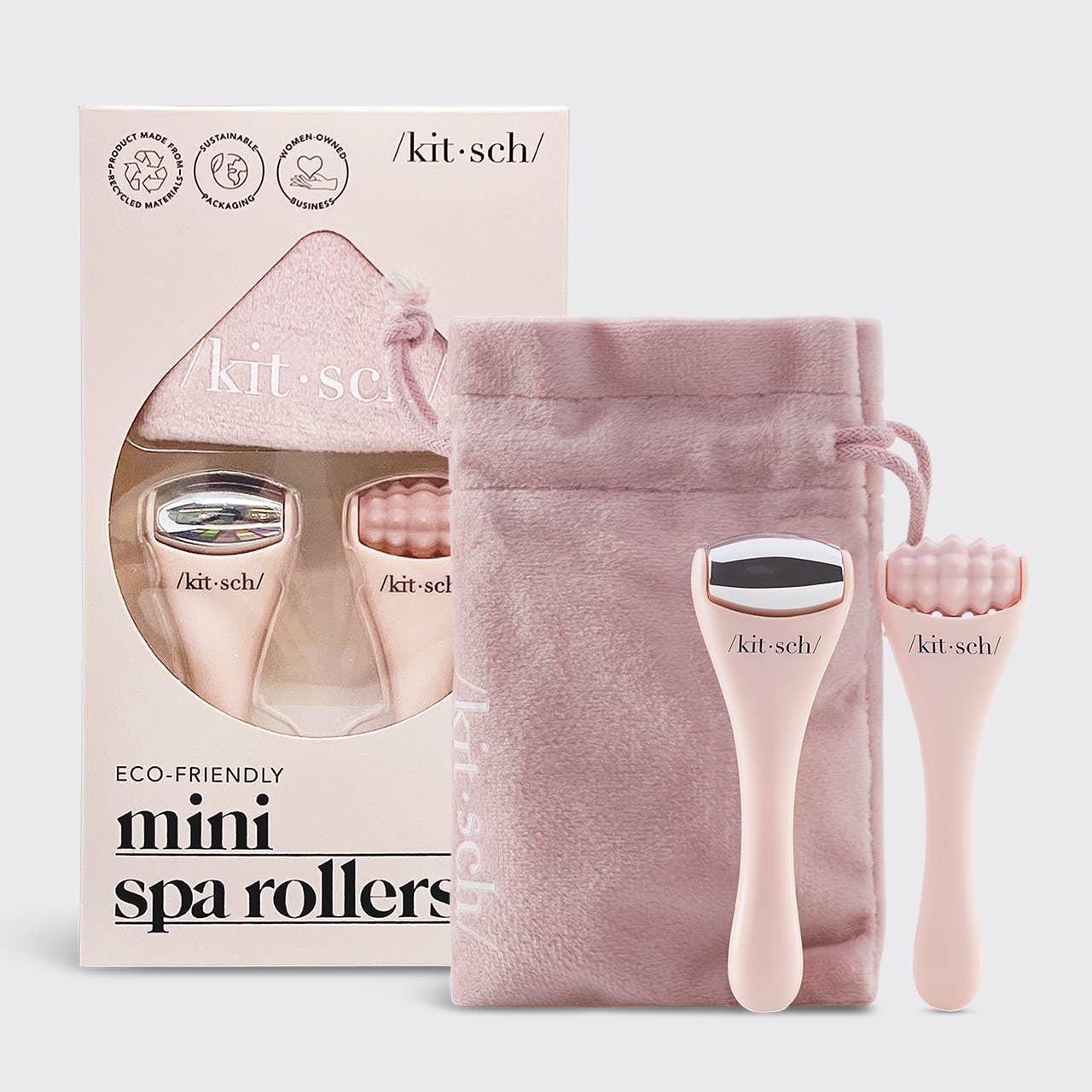 Eco-friendly pink mini spa rollers with soft pouch and sustainable packaging. Come see us at Awaken, Franklin, Tennessee