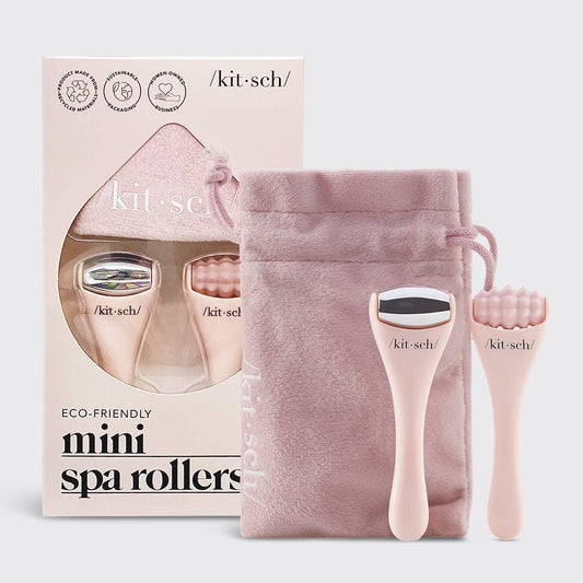 Eco-friendly pink mini spa rollers with soft pouch and sustainable packaging. Come see us at Awaken, Franklin, Tennessee
