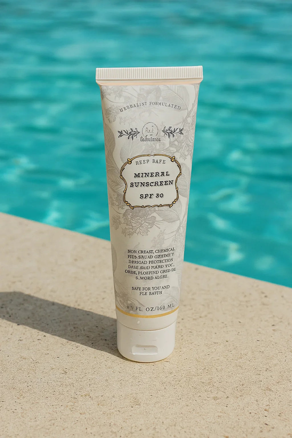 Mineral sunscreen SPF 30 tube standing by a pool with clear blue water. Come see us at Awaken, Franklin, Tennessee