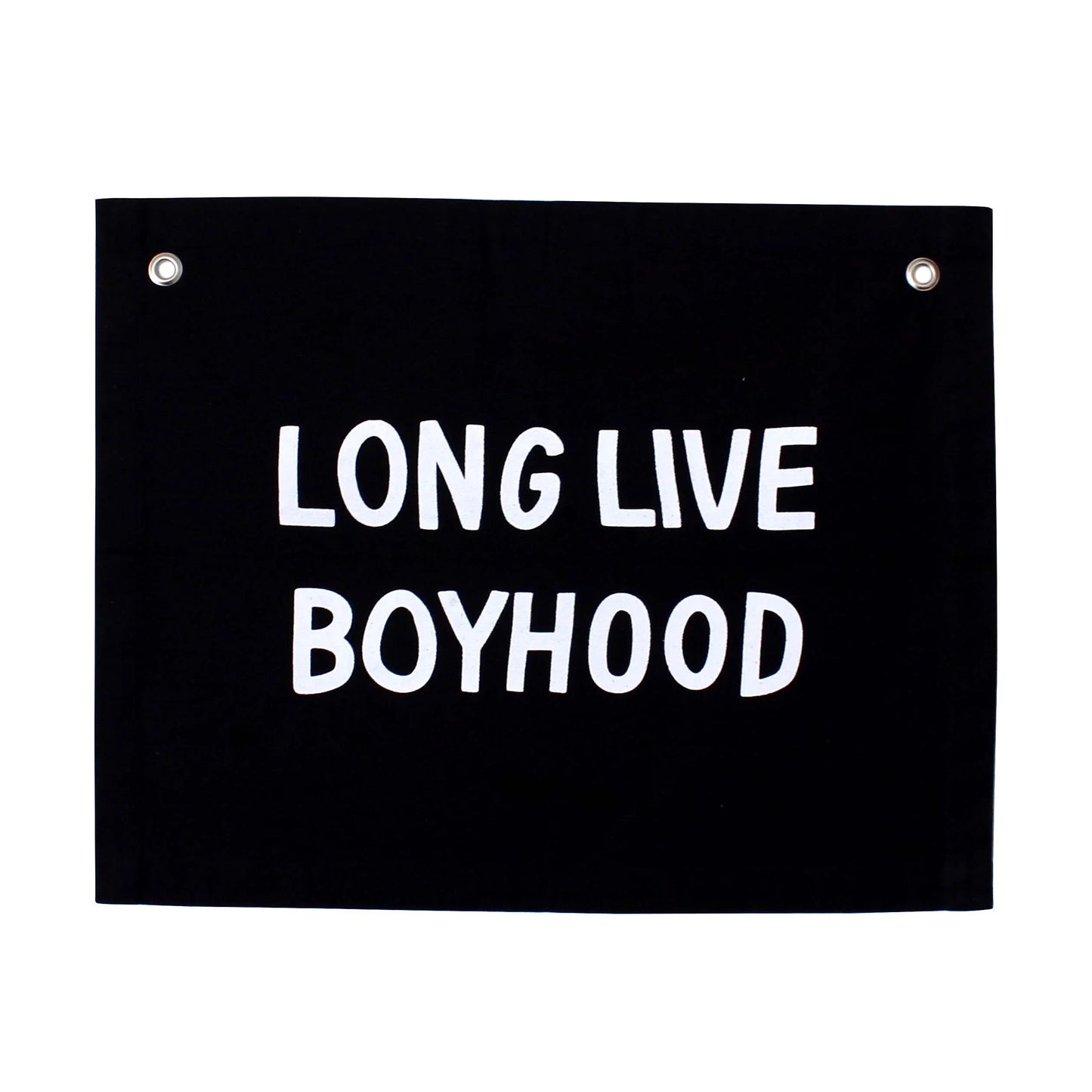 Black fabric wall banner with 'Long Live Boyhood' text, Come see us at Awaken, Franklin, Tennessee