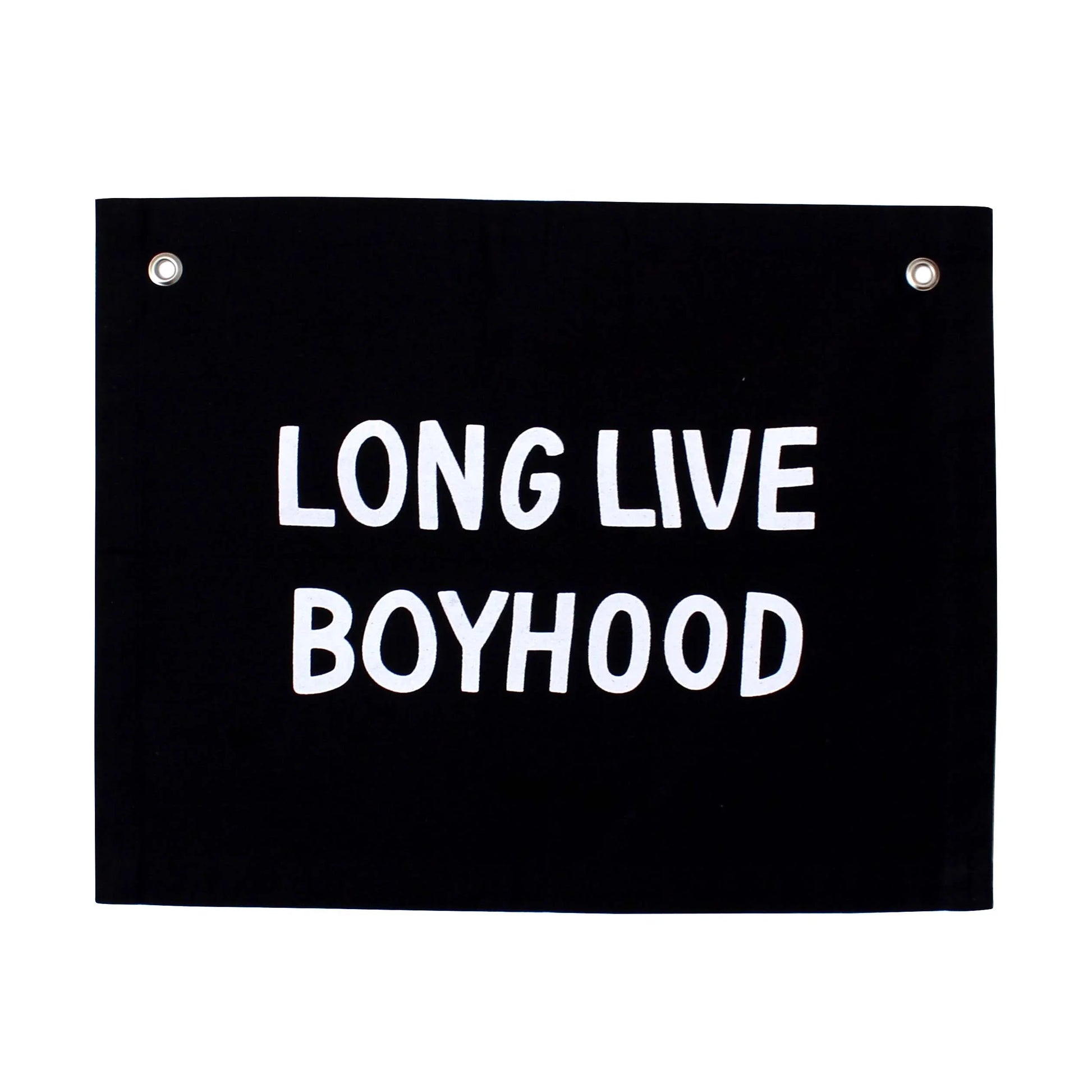 Black fabric wall banner with 'Long Live Boyhood' text, Come see us at Awaken, Franklin, Tennessee