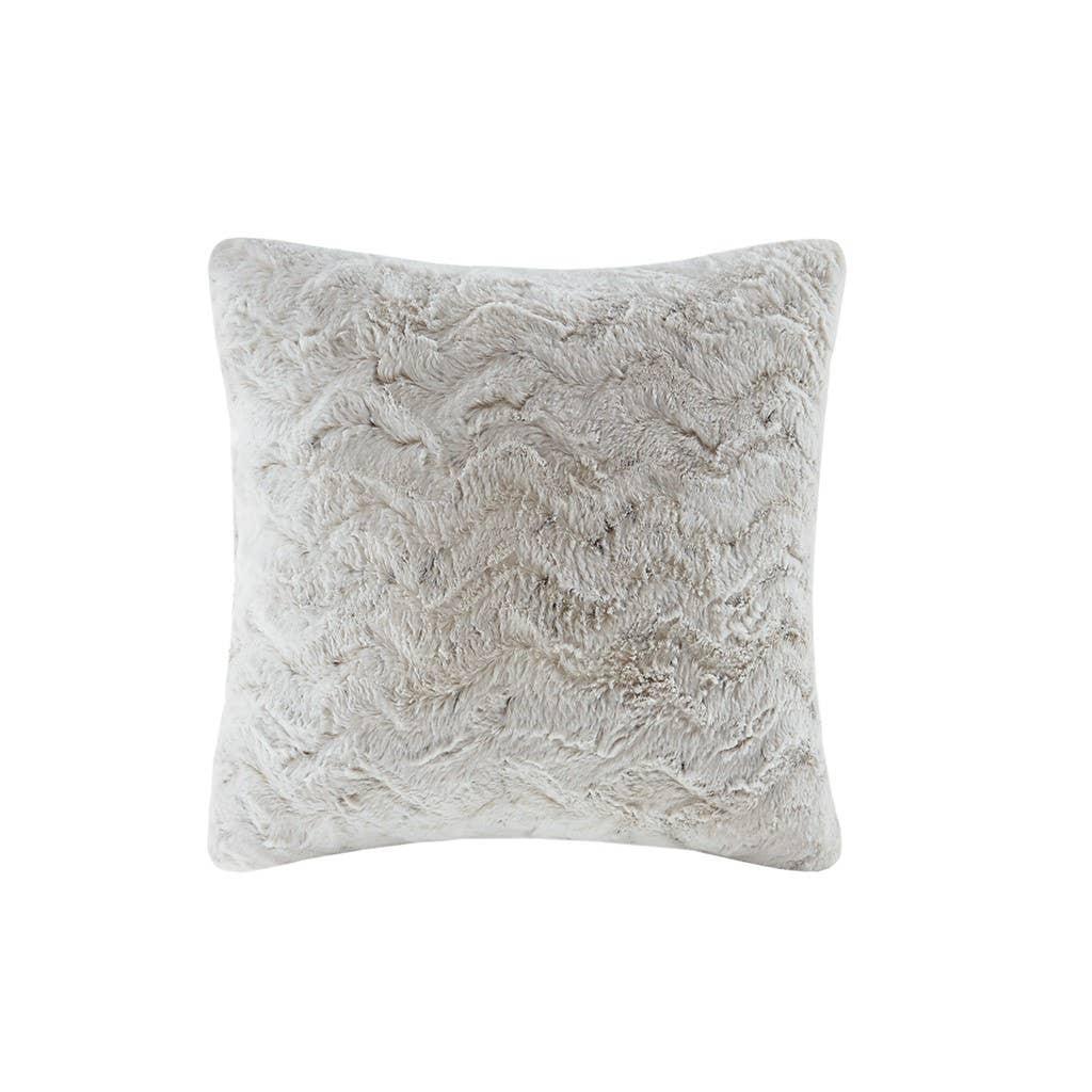 Soft light gray textured faux fur decorative pillow, cozy home decor, Come see us at Awaken, Franklin, Tennessee