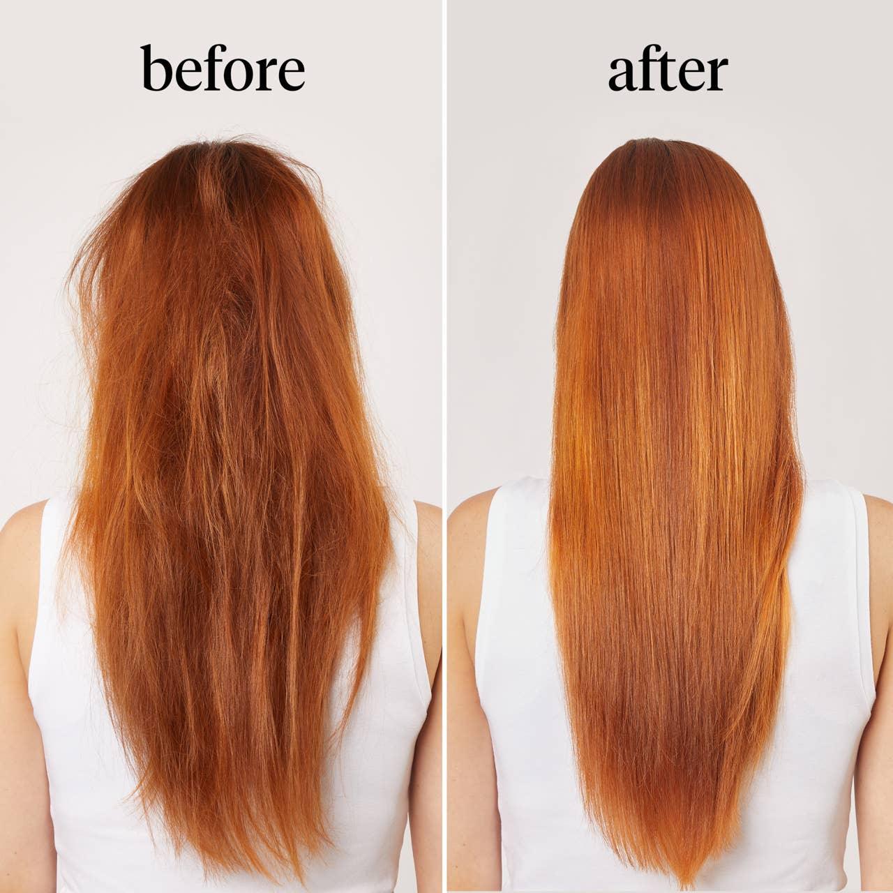 Before and after hair treatment with frizzy red hair transformed to smooth straight hair. Come see us at Awaken, Franklin, Tennessee