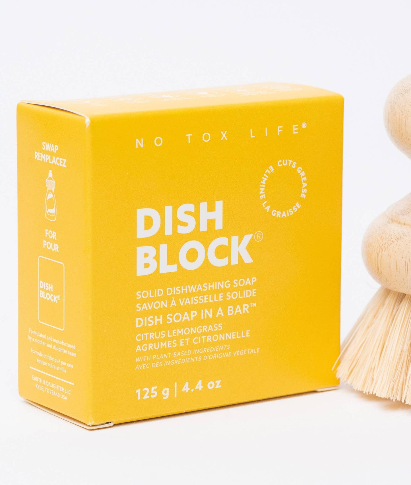 Yellow box of Dish Block solid dishwashing soap, citrus lemongrass scent, 125g. Come see us at Awaken, Franklin, Tennessee