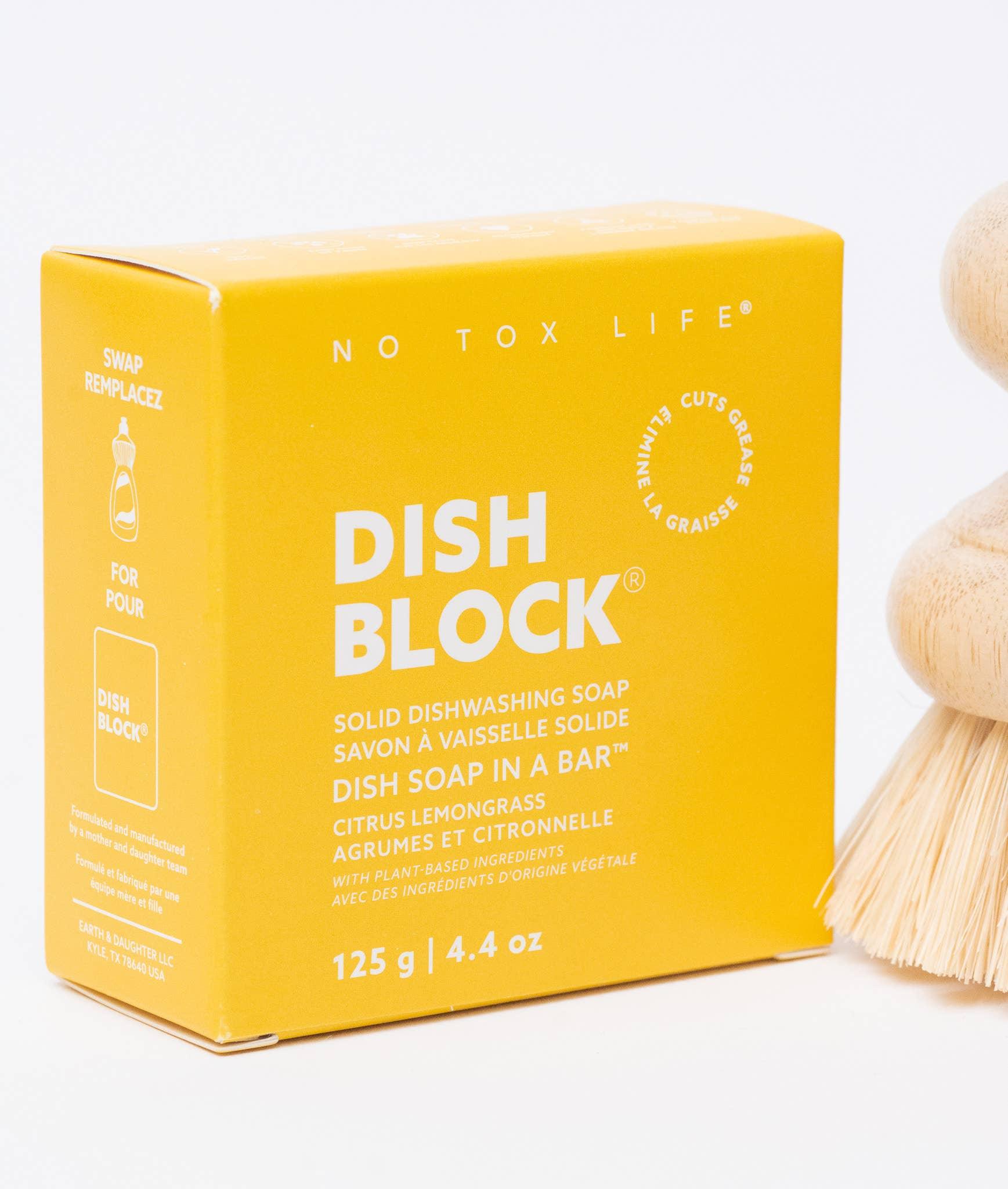 Yellow box of Dish Block solid dishwashing soap, citrus lemongrass scent, 125g. Come see us at Awaken, Franklin, Tennessee