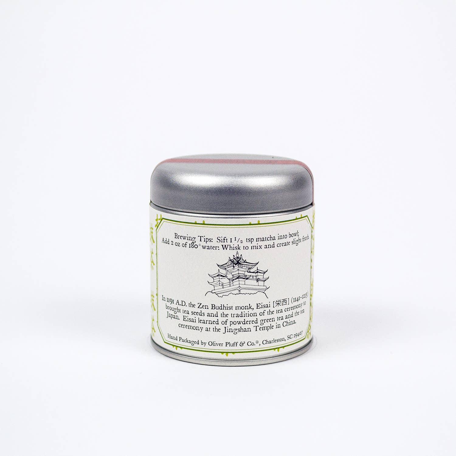 Metal tin of matcha green tea with brewing tips and historical text on white background. Come see us at Awaken, Franklin, Tennessee
