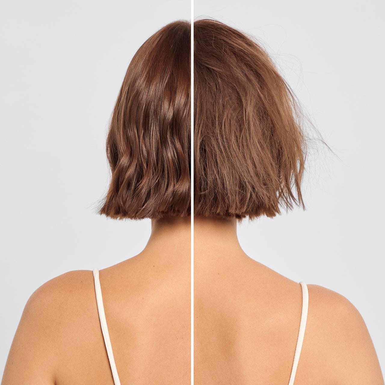 Back view of woman with brown bob hair, left smooth and shiny, right frizzy and dry, comparing hair care results; Come see us at Awaken, Franklin, Tennessee