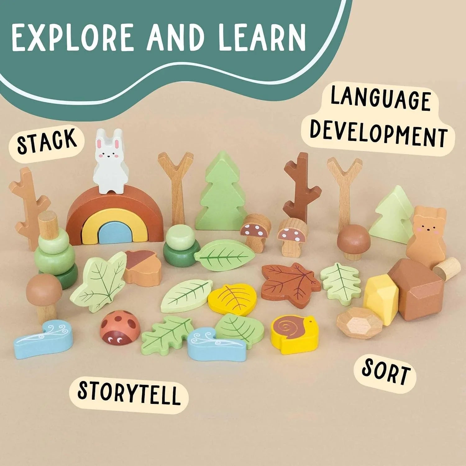 Wooden educational toys with nature shapes and animals for stack, sort, and language development. Come see us at Awaken, Franklin, Tennessee