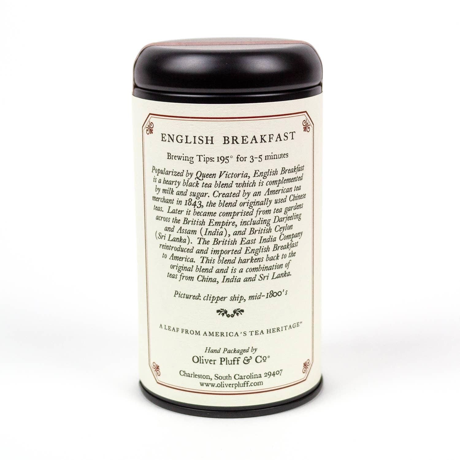 Tin of Oliver Pluff English Breakfast black tea with brewing tips and history label, black lid. Come see us at Awaken, Franklin, Tennessee