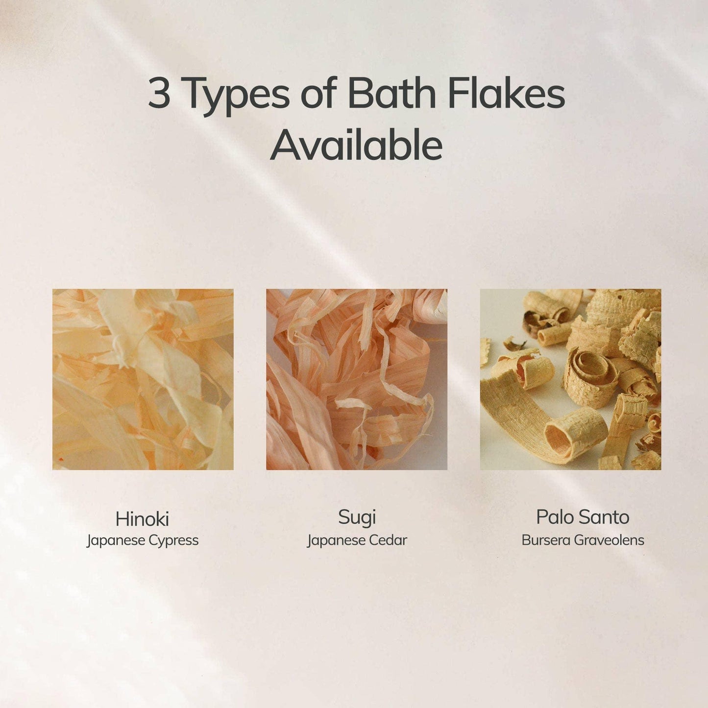 Three types of natural bath flakes: Hinoki, Sugi, Palo Santo on light background. Come see us at Awaken, Franklin, Tennessee