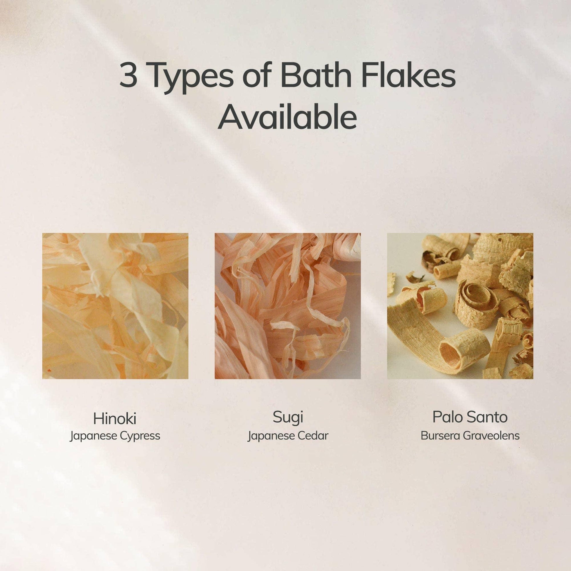 Three types of bath flakes—Hinoki Japanese Cypress, Sugi Japanese Cedar, Palo Santo Bursera Graveolens—Come see us at Awaken, Franklin, Tennessee