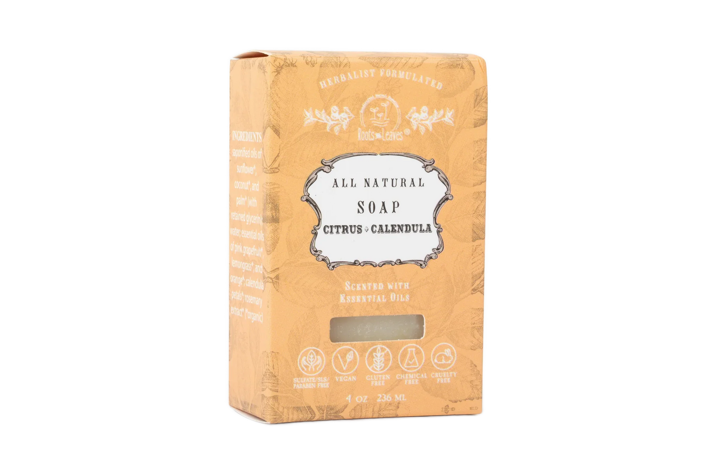 All natural Citrus + Calendula soap bar in orange packaging with essential oils, vegan, cruelty-free. Come see us at Awaken, Franklin, Tennessee