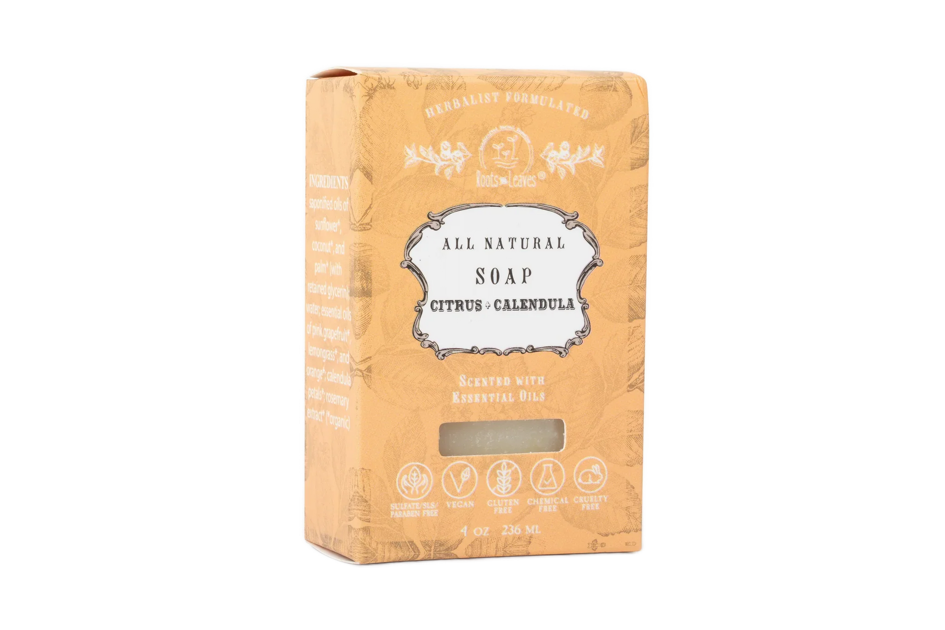 All natural Citrus + Calendula soap bar in orange packaging with essential oils, vegan, cruelty-free. Come see us at Awaken, Franklin, Tennessee