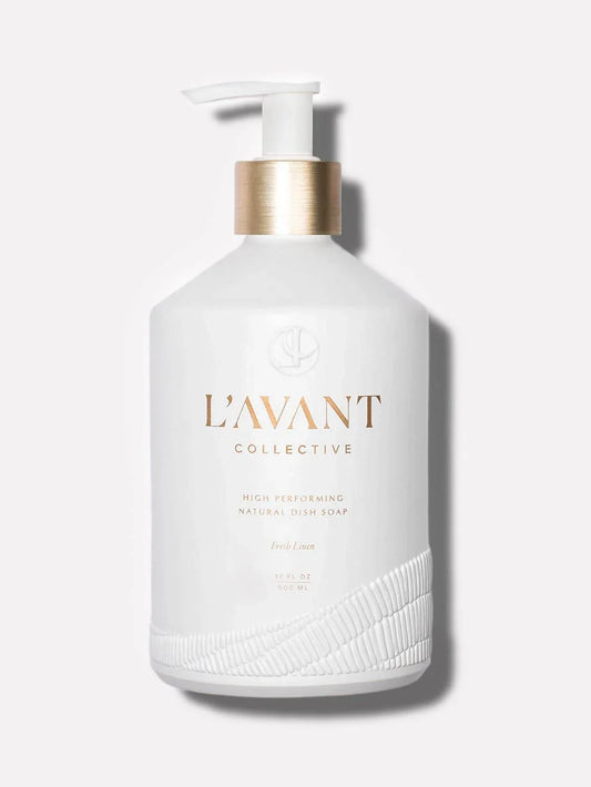 L'AVANT Collective natural dish soap bottle with gold accents, fresh linen scent. Come see us at Awaken, Franklin, Tennessee.
