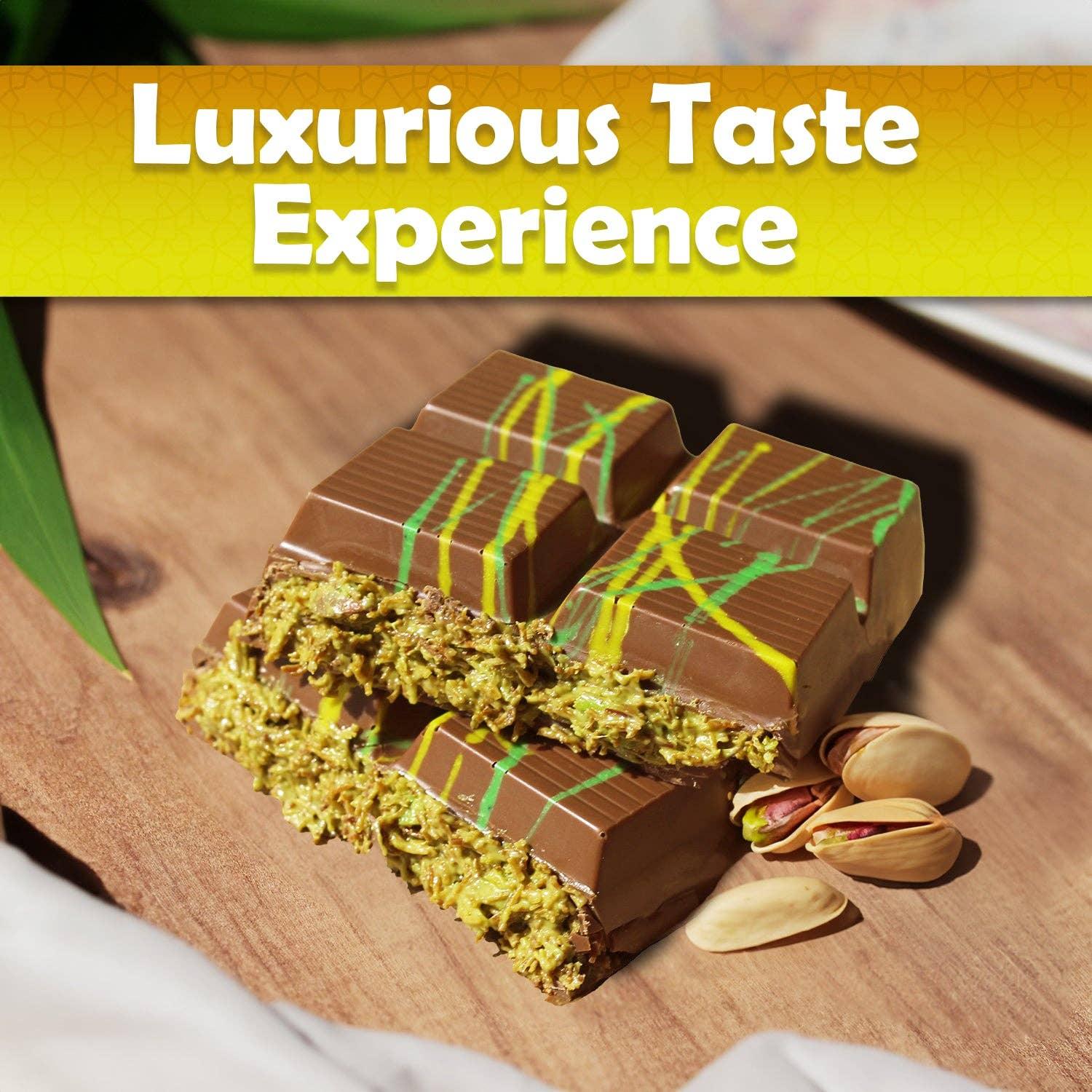 Pistachio chocolate bars on wood with pistachios, Luxurious Taste Experience text, Come see us at Awaken, Franklin, Tennessee