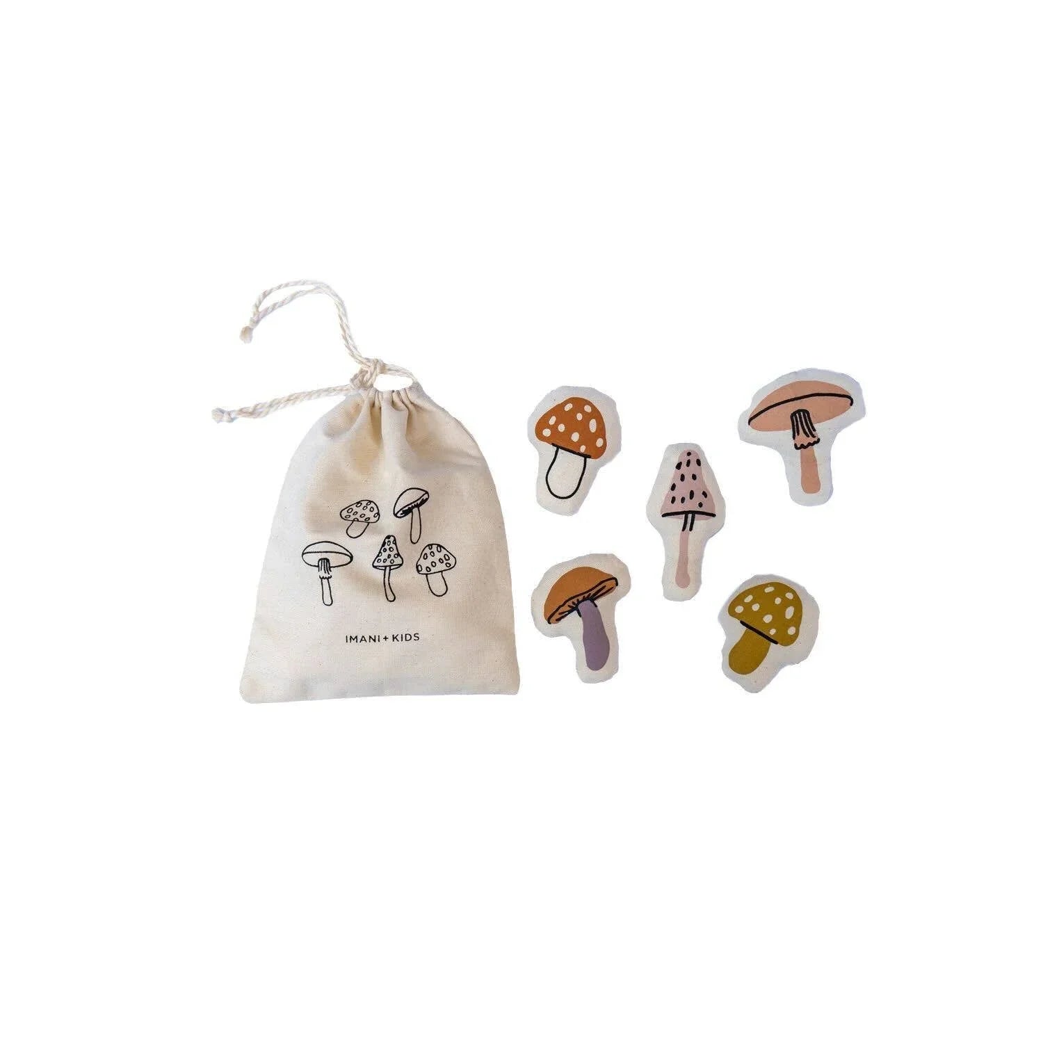 Canvas bag with mushroom illustrations and five mushroom magnets, Come see us at Awaken, Franklin, Tennessee