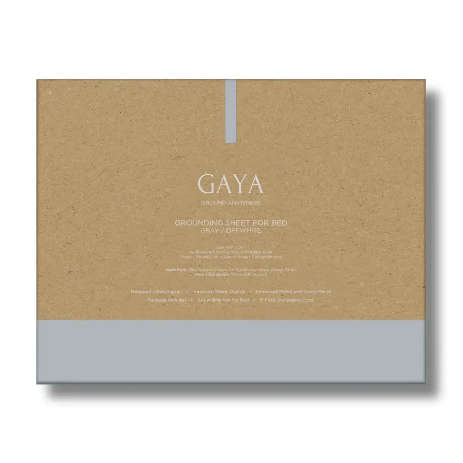GAYA grounding sheet for bed packaging, eco-friendly box with gray accent. Come see us at Awaken, Franklin, Tennessee.