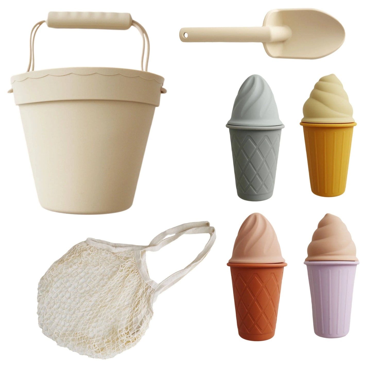 Silicone beach bucket, scoop, ice cream molds, and net bag for kids' summer play. Come see us at Awaken, Franklin, Tennessee