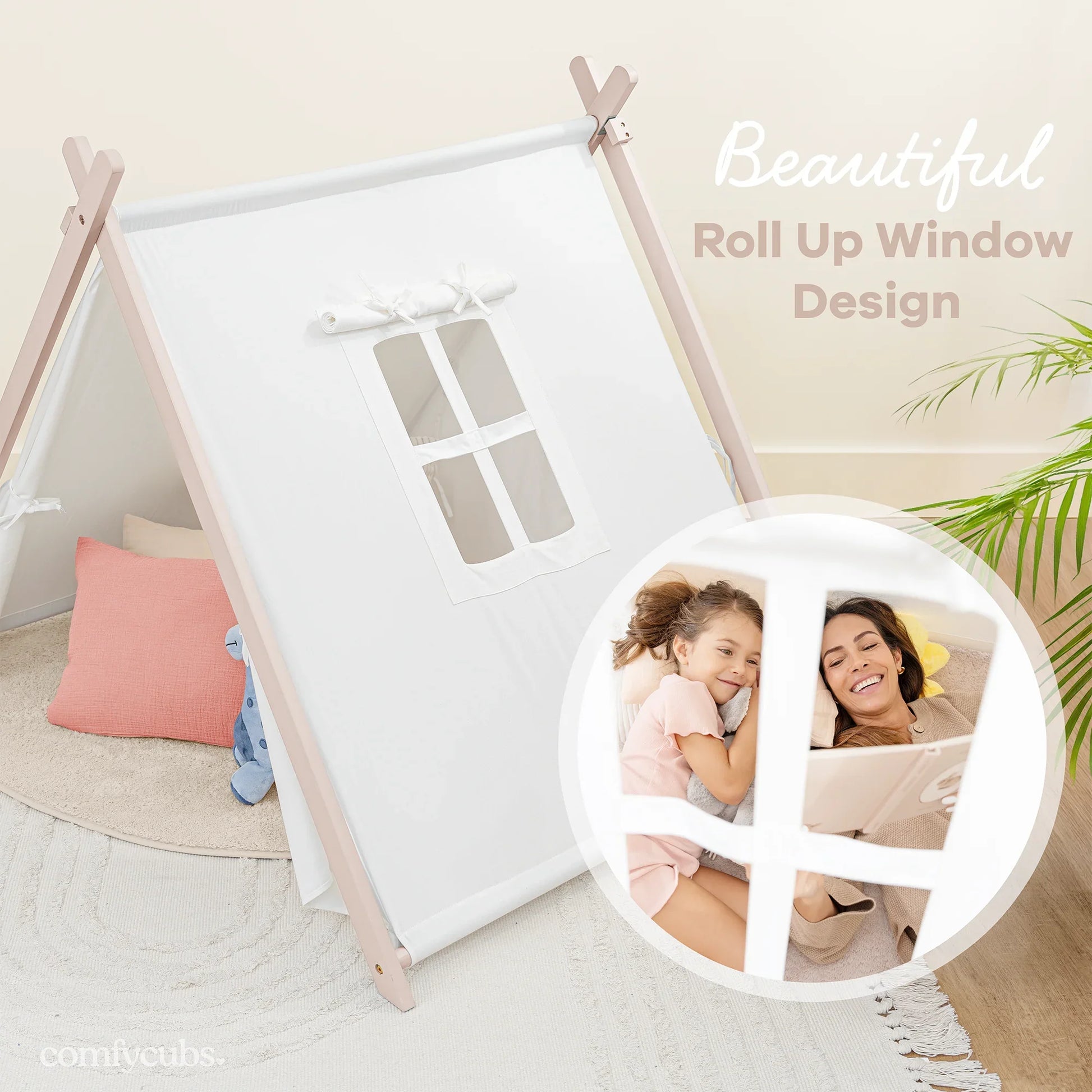 Kids play tent with roll up window, cozy pillows, and mother and child inside. Come see us at Awaken, Franklin, Tennessee.