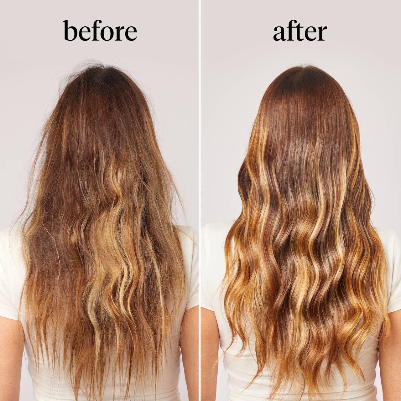 Before and after hair transformation with smoother, shinier wavy brown and blonde highlights, Come see us at Awaken, Franklin, Tennessee
