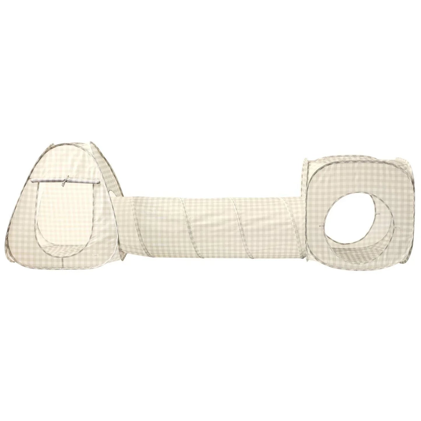 Beige checkered three-piece pet tunnel set with tent, tube, and cube. Come see us at Awaken, Franklin, Tennessee