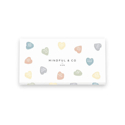 Mindful & Co Kids box with colorful heart shapes and positive messages on white background. Come see us at Awaken, Franklin, Tennessee