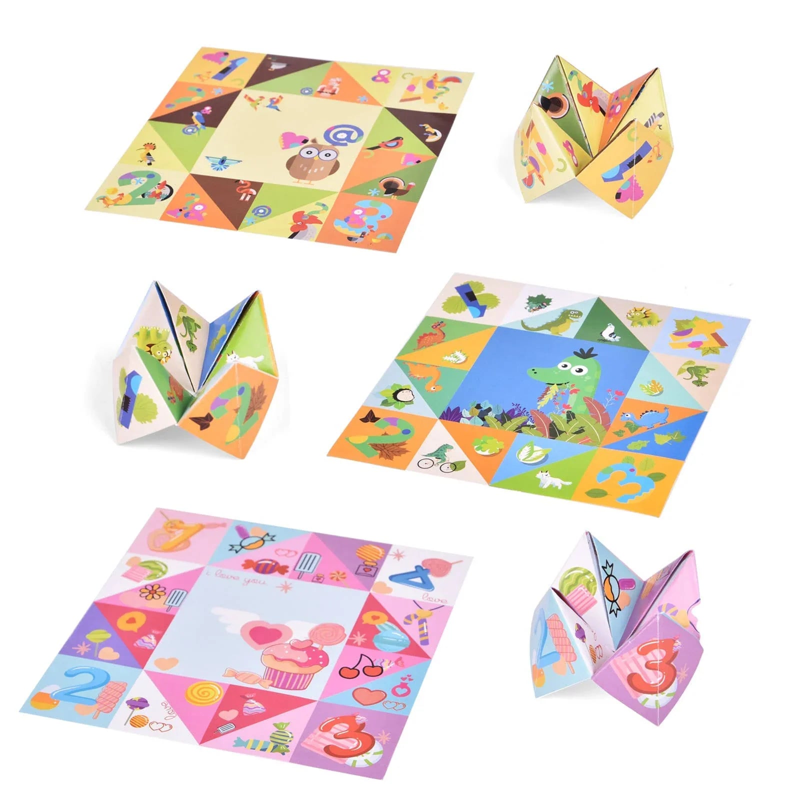 Colorful origami paper fortune tellers with animal and cupcake designs, Come see us at Awaken, Franklin, Tennessee