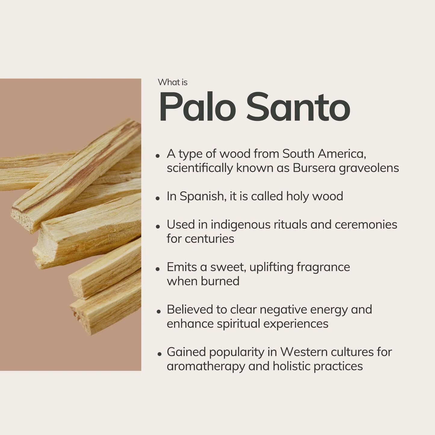 Palo Santo wood sticks with info on benefits and spiritual uses. Come see us at Awaken, Franklin, Tennessee