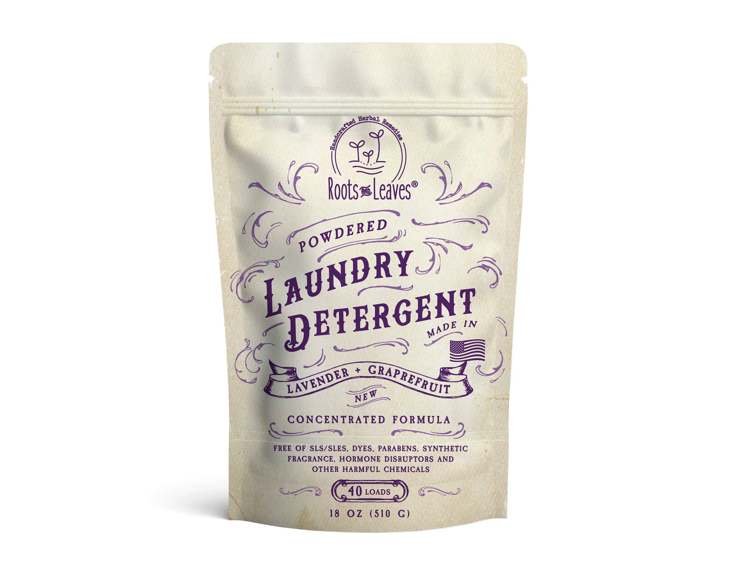 Roots and Leaves powdered laundry detergent with lavender and grapefruit scent in beige pouch Come see us at Awaken, Franklin, Tennessee