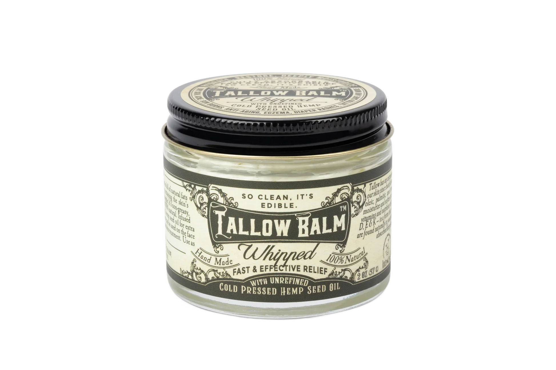 Jar of Tallow Balm Whipped with cold pressed hemp seed oil for fast relief. Come see us at Awaken, Franklin, Tennessee
