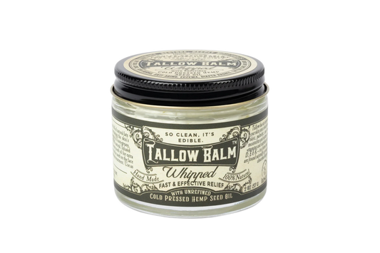 Jar of Tallow Balm Whipped with cold pressed hemp seed oil for fast relief. Come see us at Awaken, Franklin, Tennessee