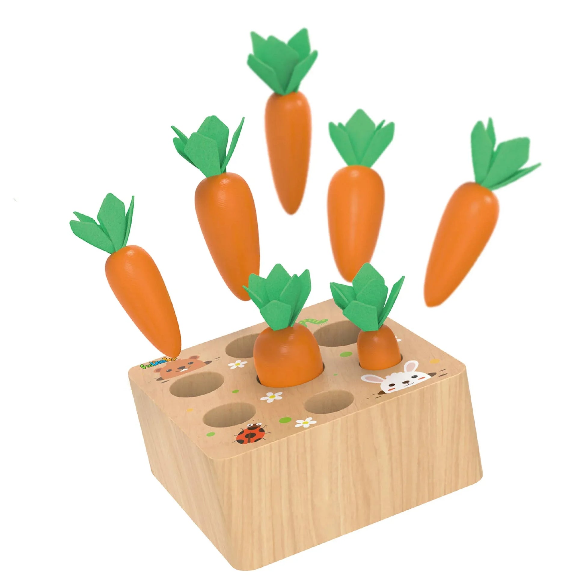 Wooden carrot toy puzzle with orange carrots and green tops, Come see us at Awaken, Franklin, Tennessee
